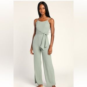 Casually Charming Sage Green Ribbed Knit Wide Leg Jumpsuit XS